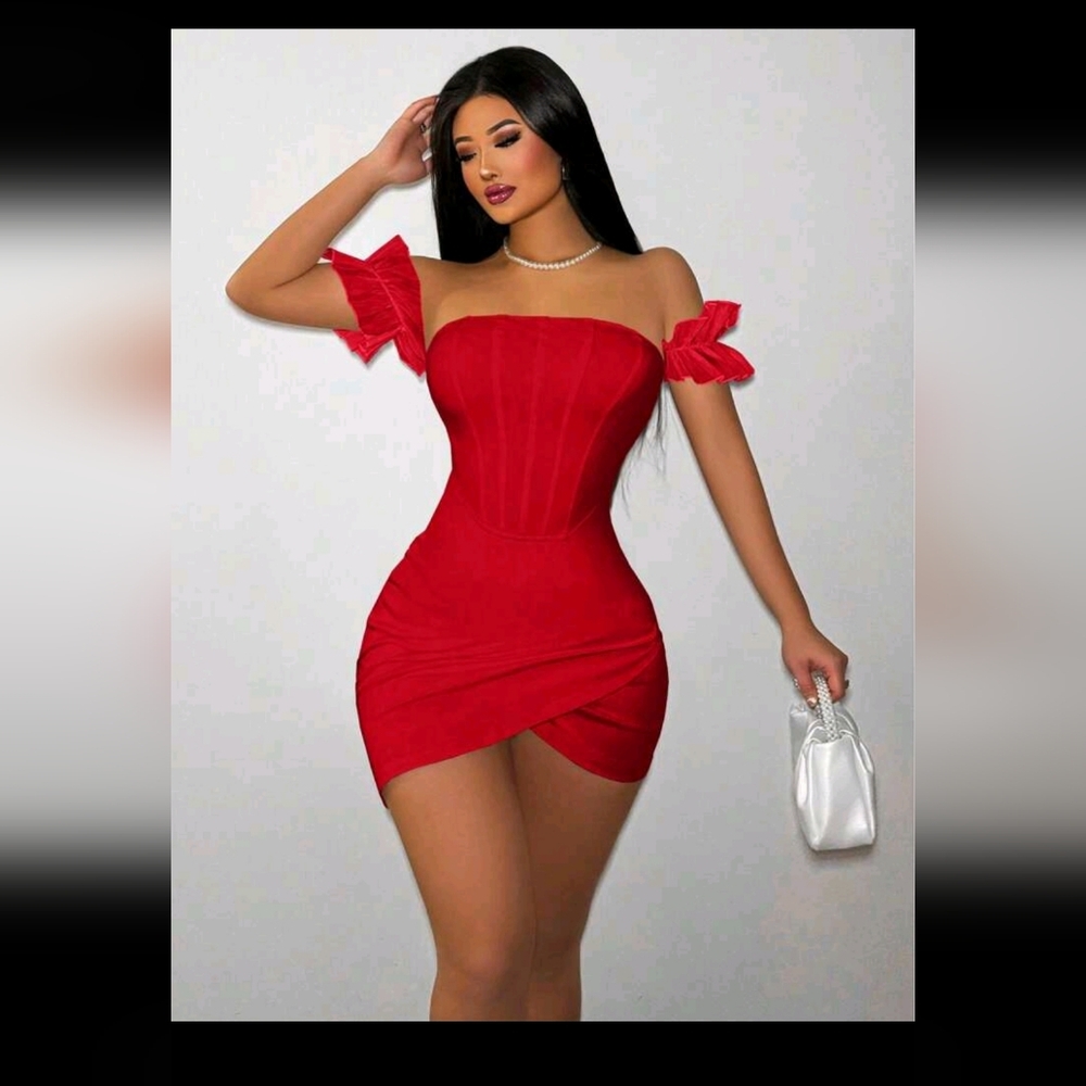 Dress Mini Red Asymmetrical Ruched Bodycon